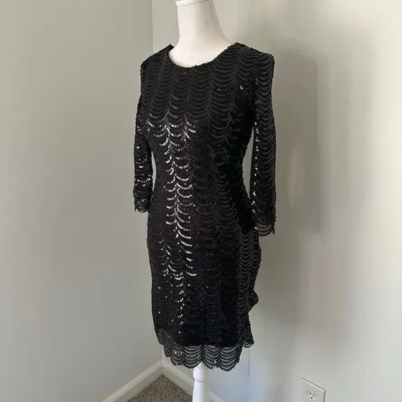 Lulus Stardust black sequin bodycon 3/4 sleeve mini dress size S - Picture 3 of 12